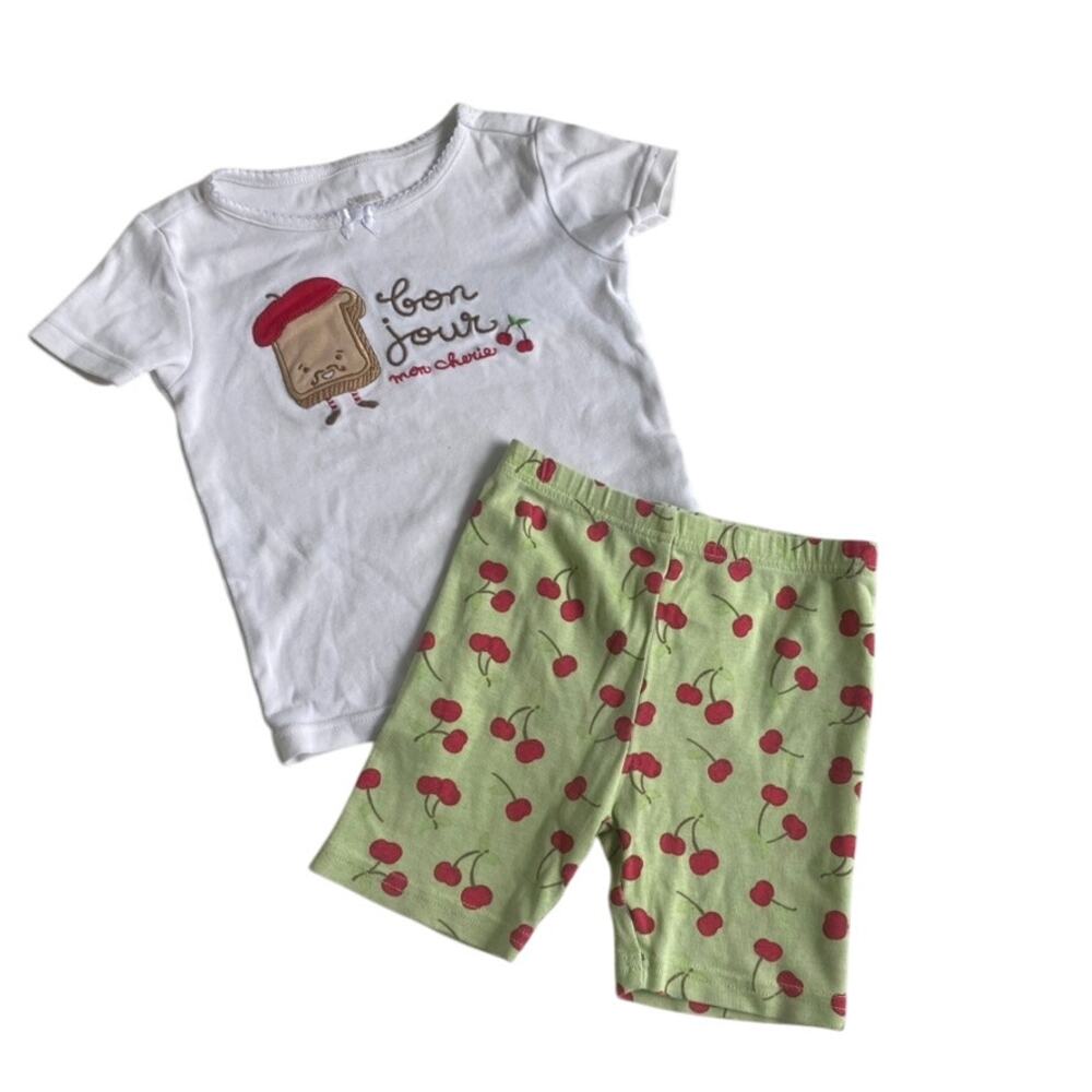 Gymboree Bonjour Mon Cherie Cherry Short John Pajamas - White Green Red - 3
